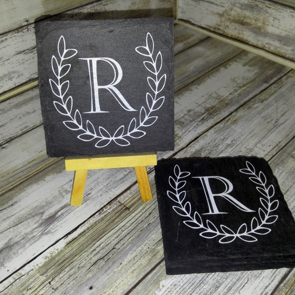 Monogrammed Slate Coasters with White R Initial set of 4